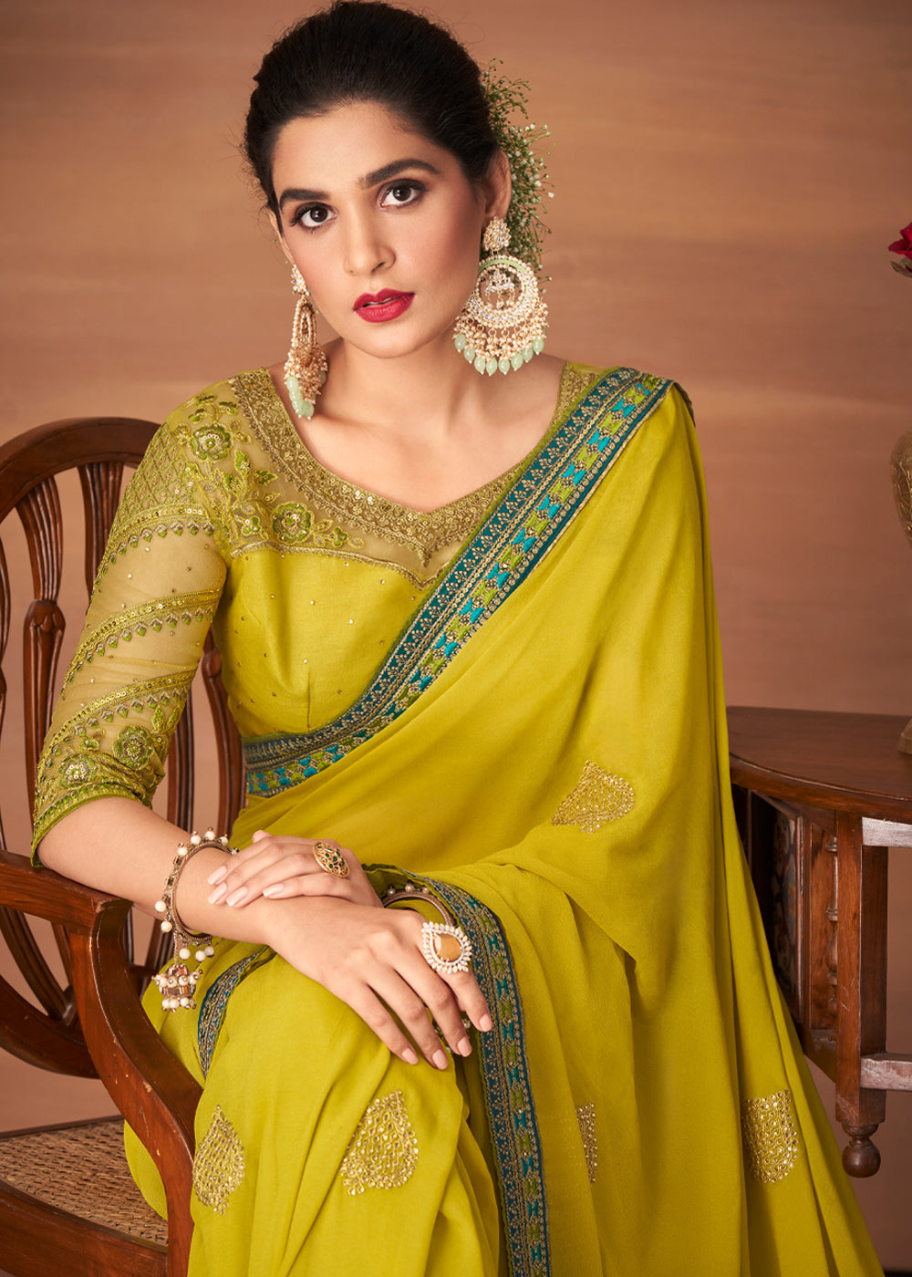 Buy MySilkLove Grass Yellow Designer Saree with Embroidered Blouse Online