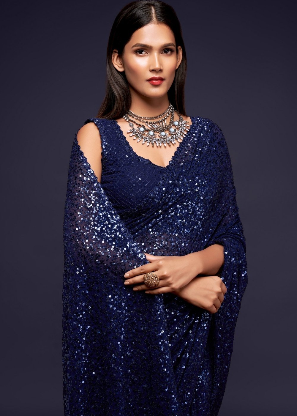 Buy MySilkLove Mirage Dark Blue Georgette Partywear Saree Online