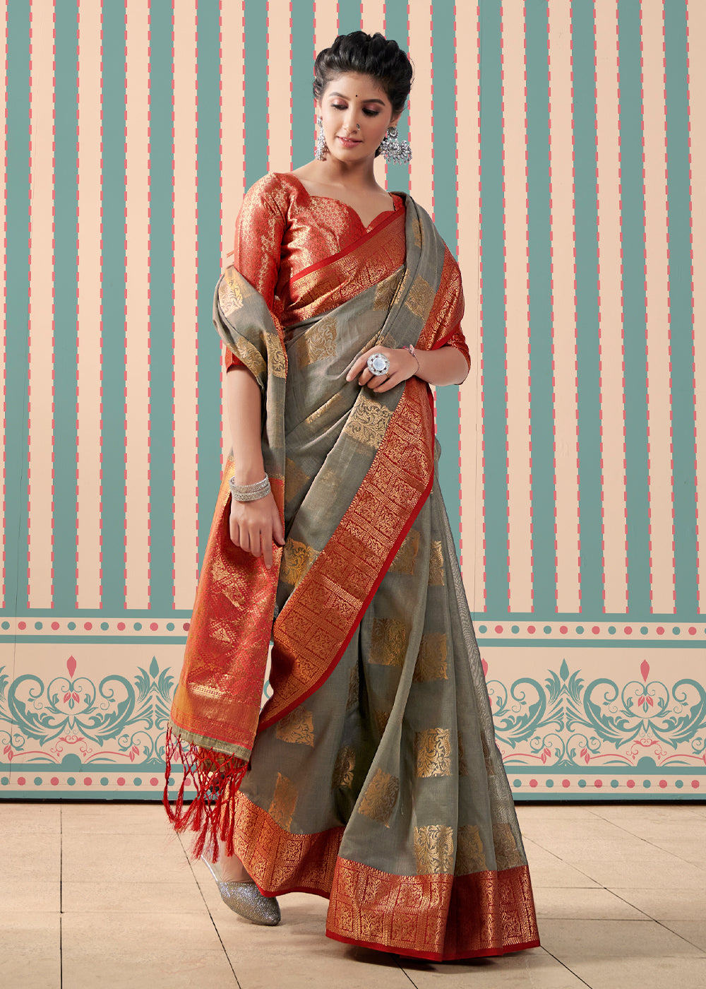 MySilkLove Stonewall Grey Zari Woven Banarasi Brocade Linen Saree