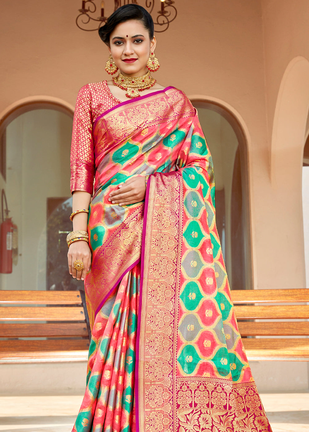 Buy MySilkLove Pine Green and Red Wonen Banarasi Rangkath Silk Saree Online