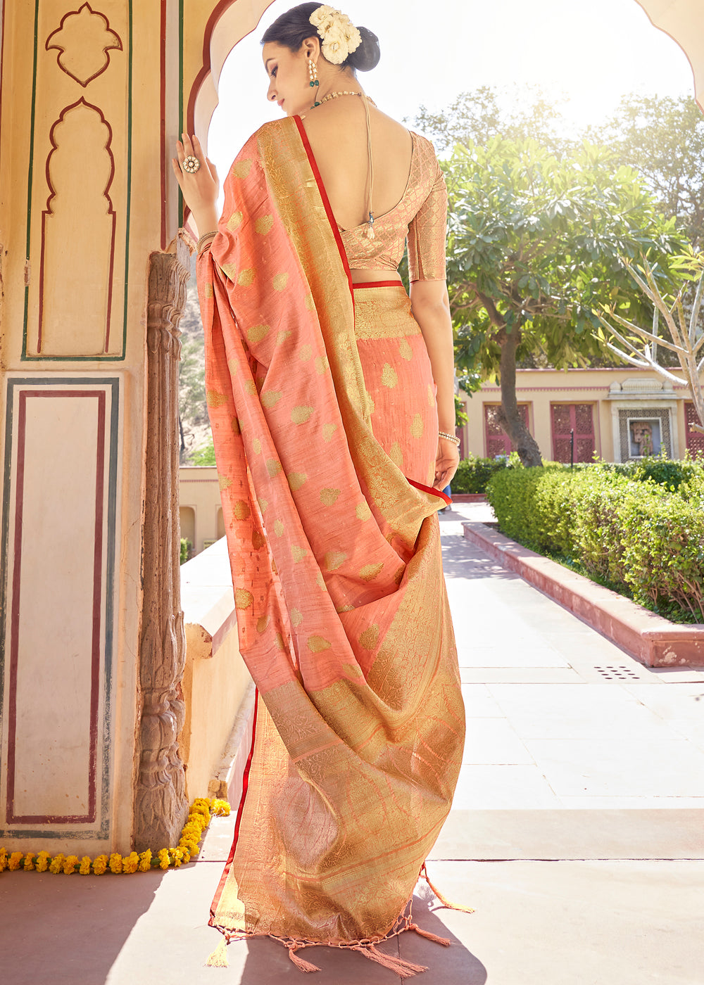 Buy MySilkLove Sienna Peach Zari Woven Banarasi Linen Saree Online