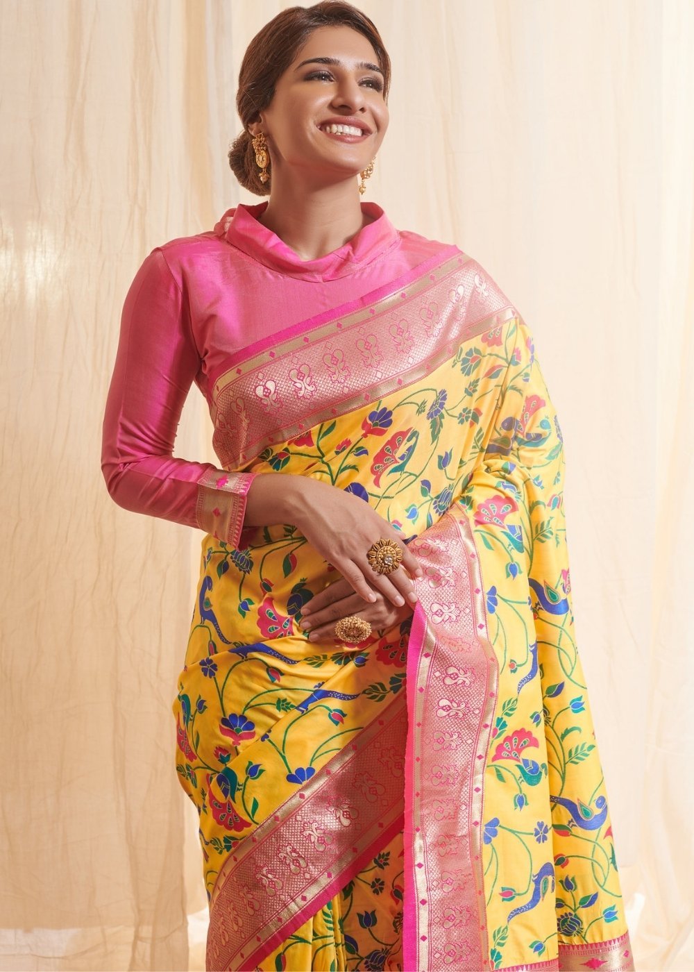 MySilkLove Tulip Yellow and Pink Zari Woven Paithani Saree