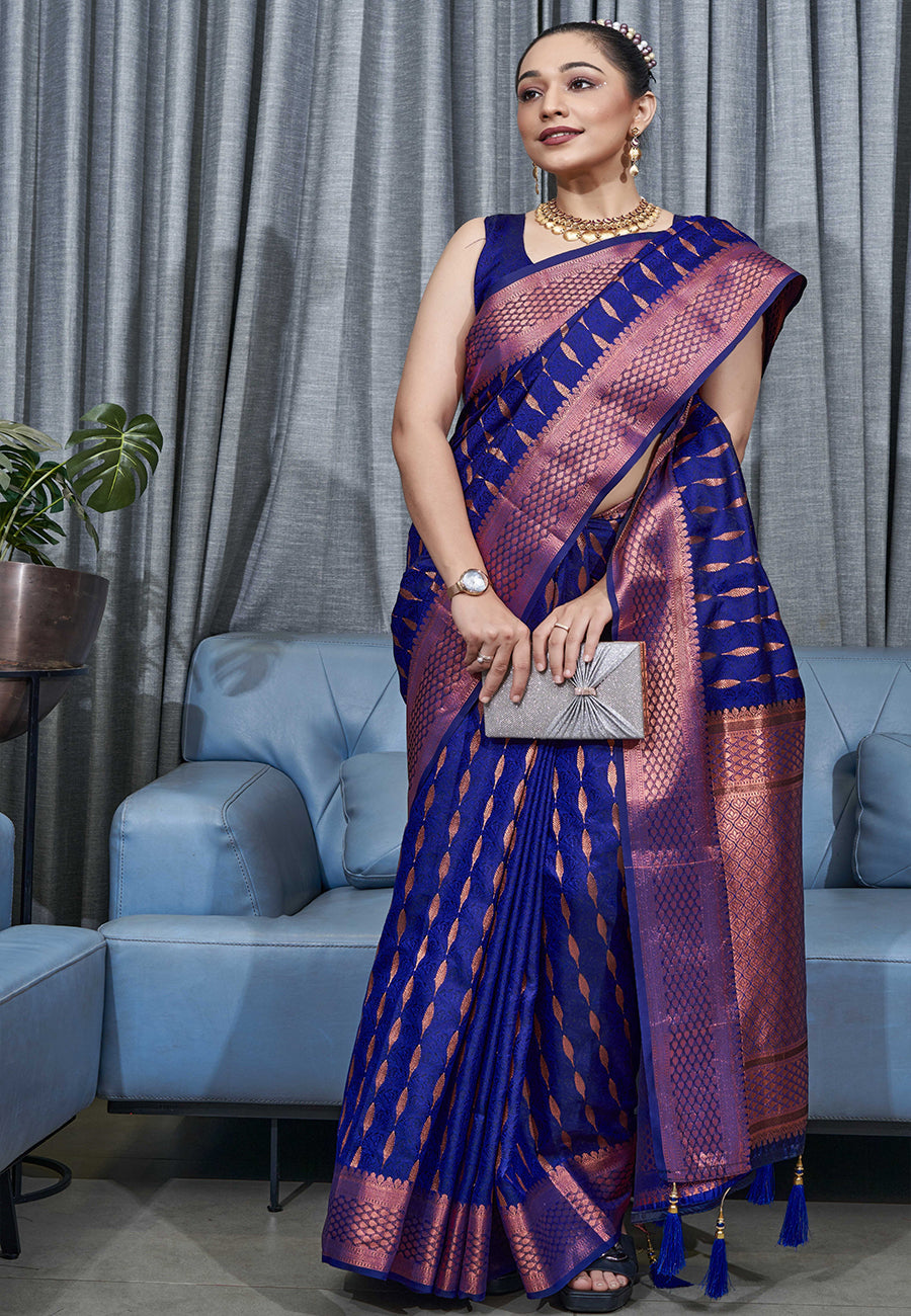 Buy MySilkLove Bay Of Many Blue Woven Banarasi Silk Saree Online