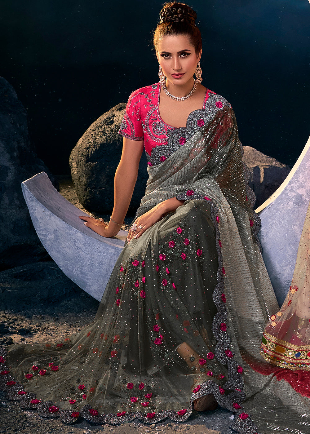 Buy MySilkLove Makara Grey and Pink Designer Silk Saree Online