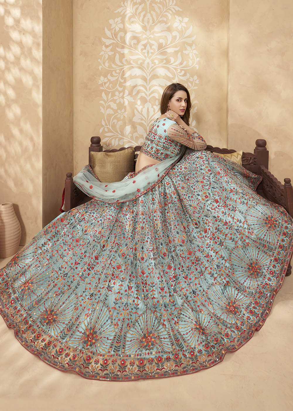 Buy MySilkLove Celeste Blue Designer Net Lehenga with Multi Thread Embroidery Work Online