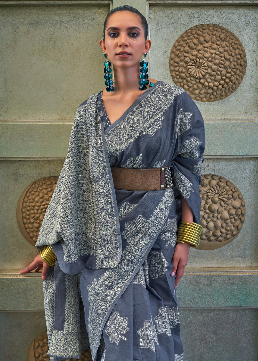 Buy MySilkLove Royal Grey Lucknowi Woven Chikankari Saree Online