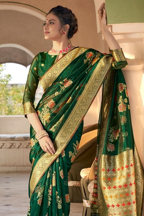 Buy MySilkLove Bush Green Organza Saree Online