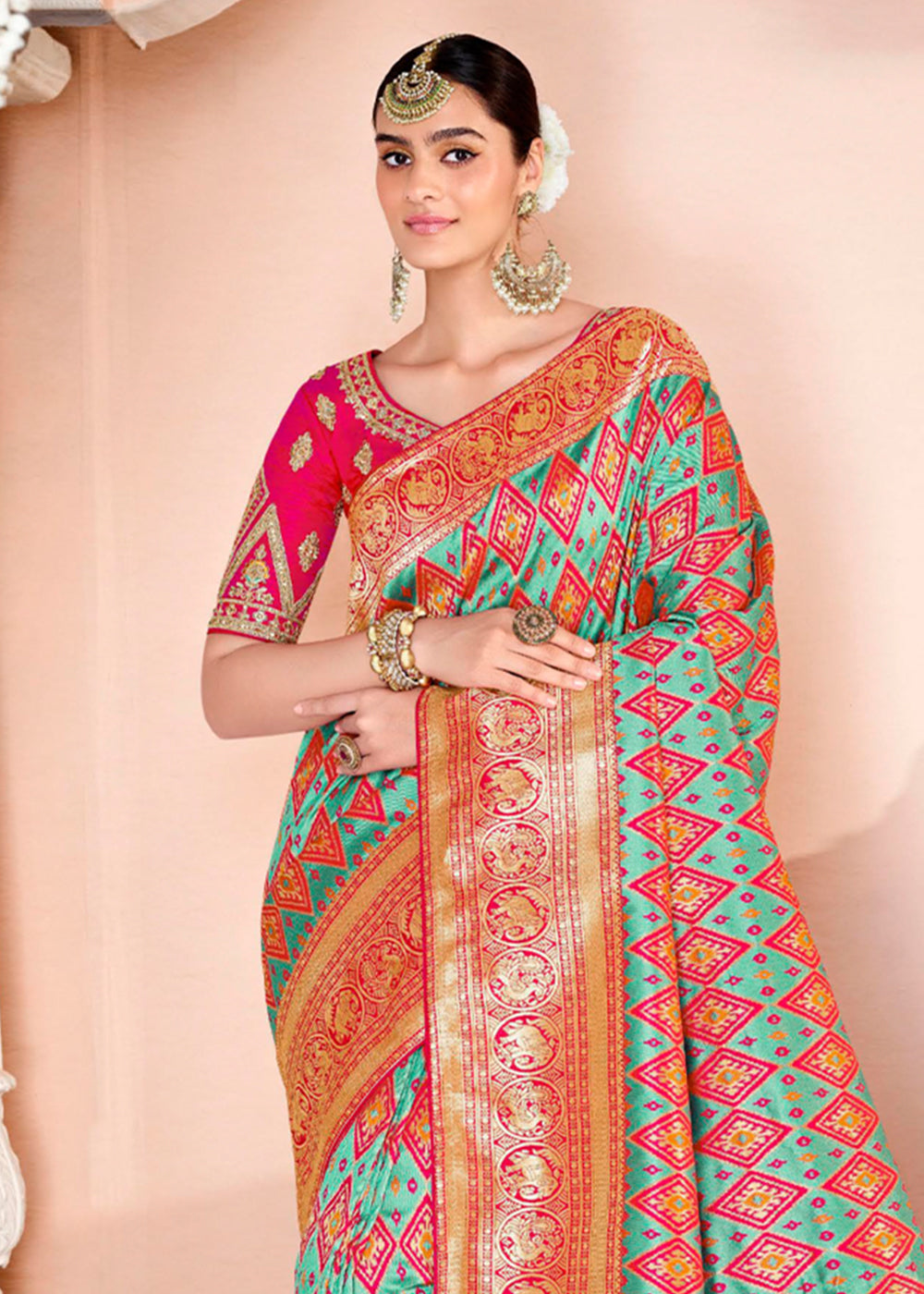 Buy MySilkLove Summer Green and Red Zari Woven Banarasi Saree with Designer Blouse Online