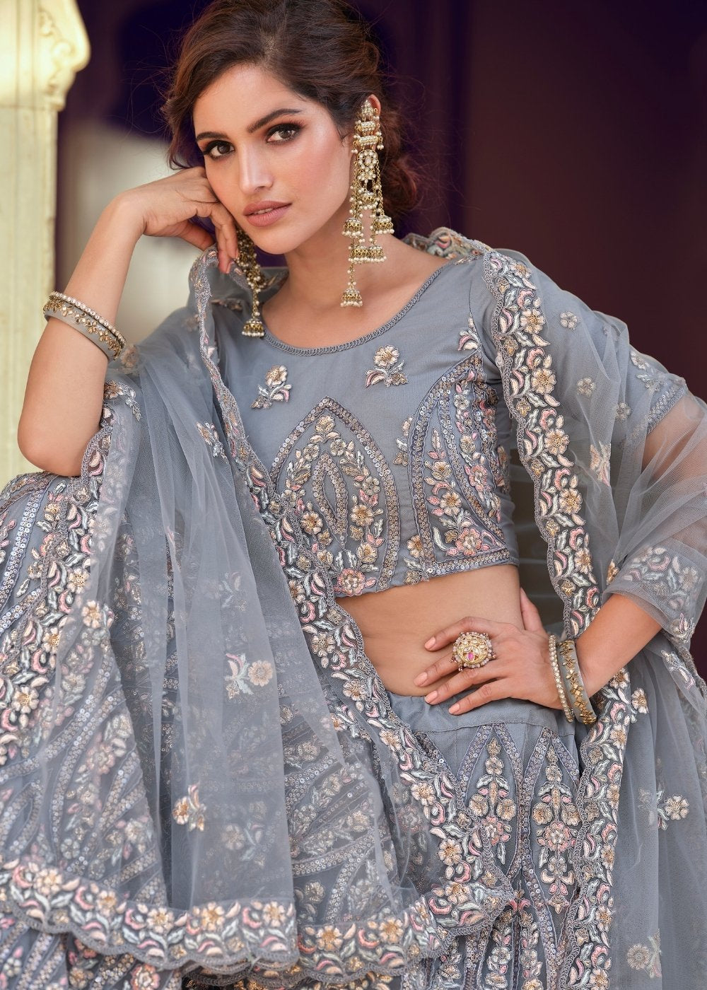 Buy MySilkLove Martini Grey Soft Net Designer Lehenga Choli Online