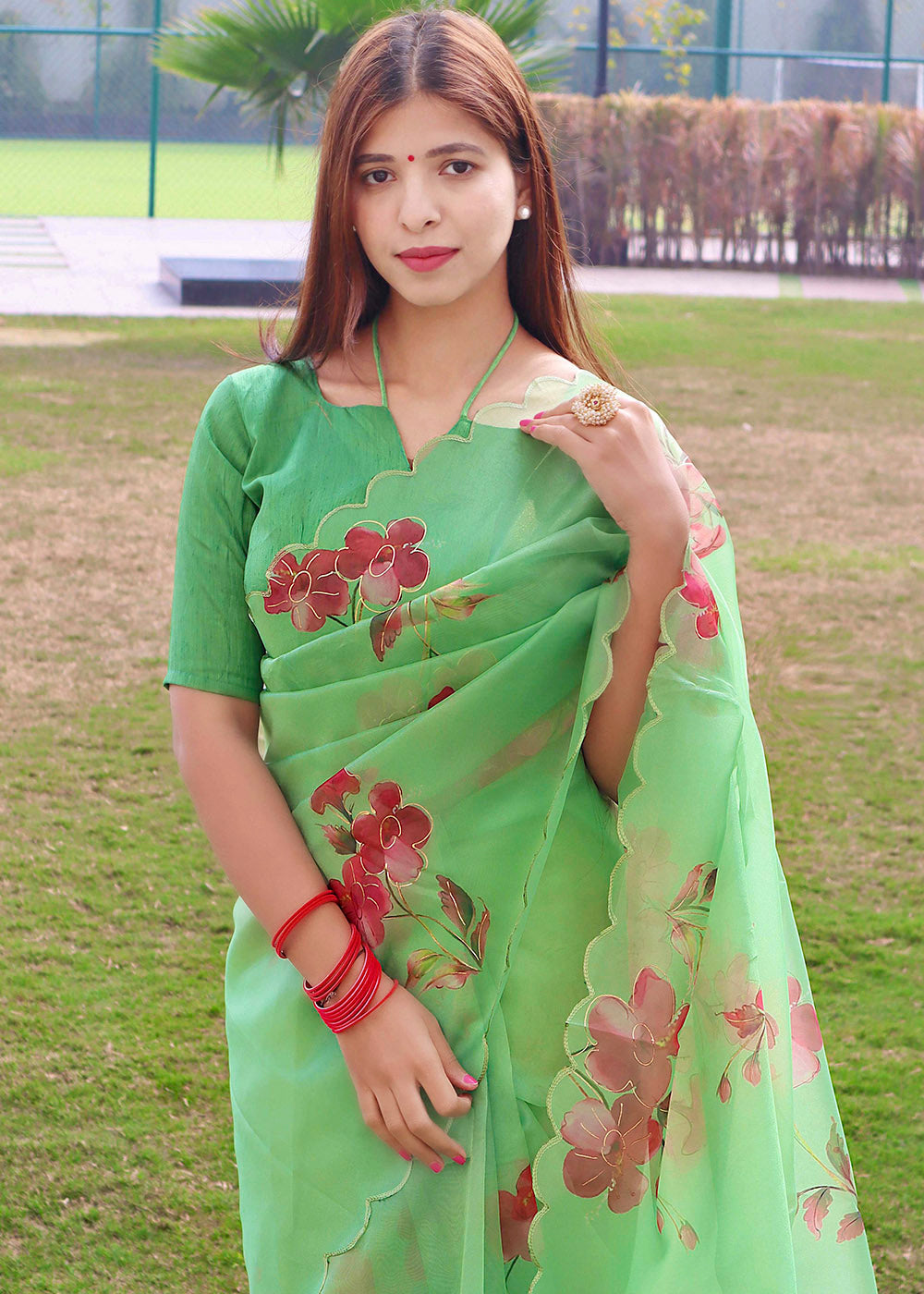 Buy MySilkLove Smith Apple Green Digital Floral Print Organza Saree Online