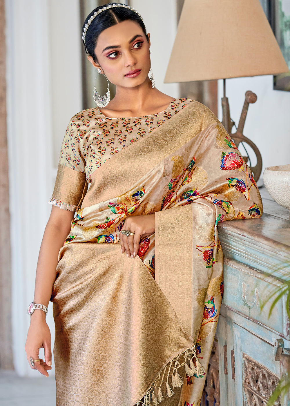 MySilkLove New Orleans Cream Digital Printed Banarasi Saree