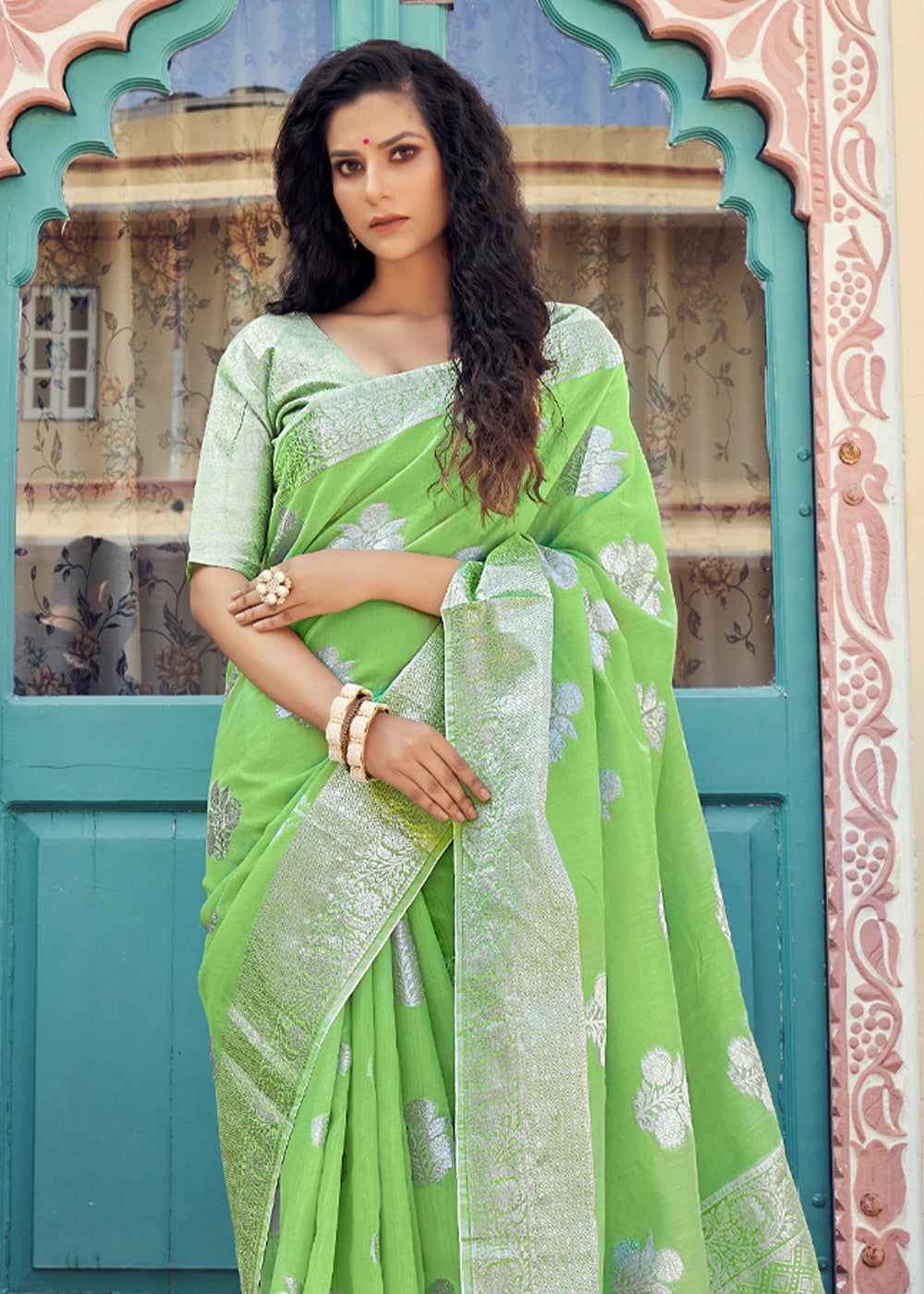 Buy MySilkLove Reef Green Zari Woven Banarasi Linen Saree Online