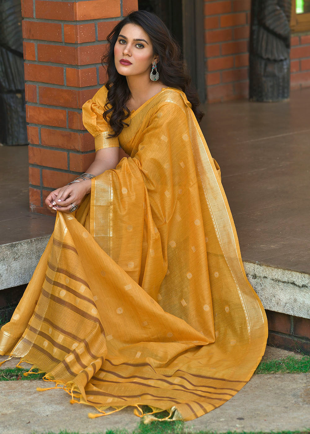 Buy MySilkLove Salomie Yellow Zari Woven Cotton Saree Online