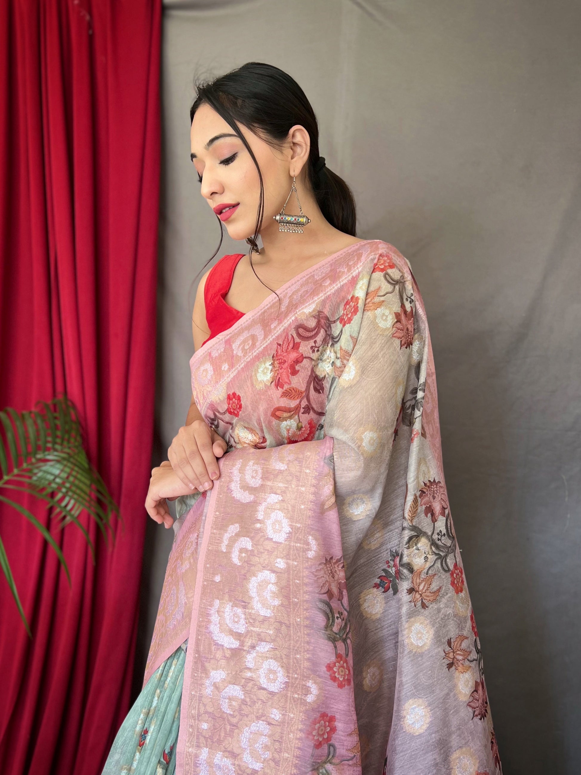 Buy MySilkLove Sheen Green Banarasi Dual Tone Floral Printed Silk Saree Online