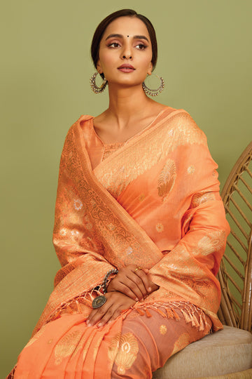 MySilkLove Sandy Brown Orange Zari Woven Linen Saree