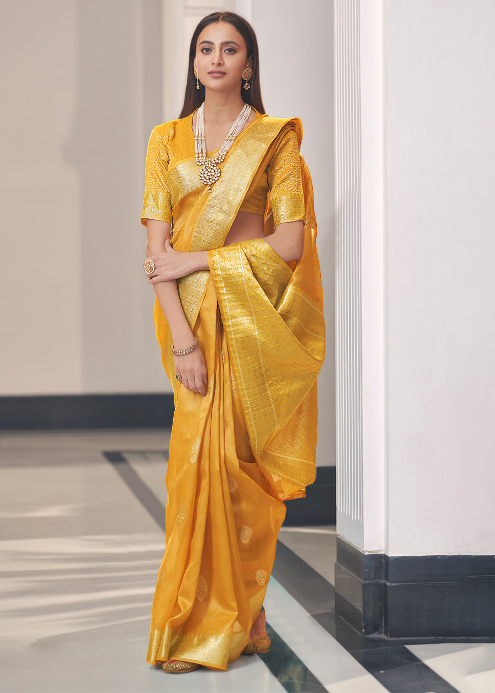 Buy MySilkLove Saffron Yellow Zari Woven Tissue Banarasi Silk Saree Online