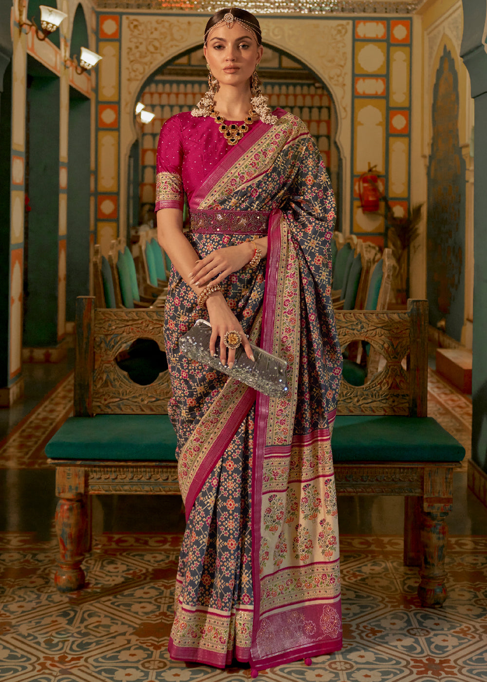 Buy MySilkLove Pine Cone Grey and Maroon Woven Patola Silk Saree Online