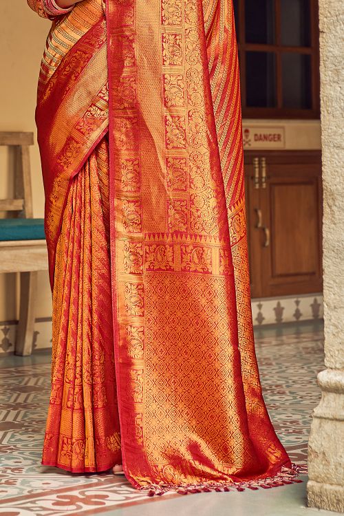 Buy MySilkLove Valencia Red and Orange Zari Woven Tanchui Kanjivaram Fusion Silk Saree Online