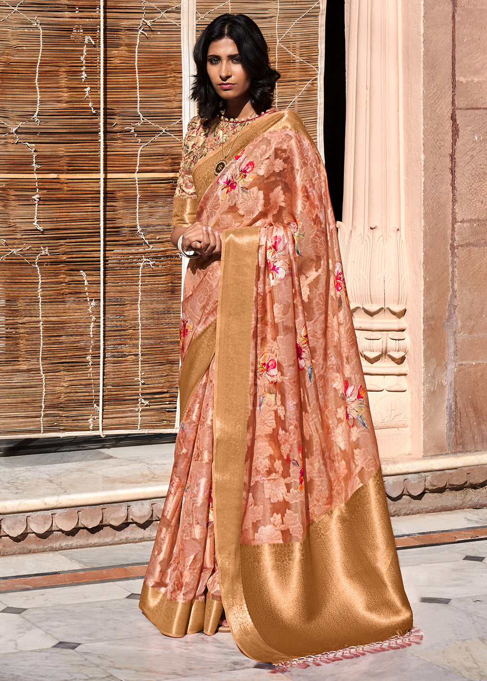 Buy MySilkLove Flower Peach Digital Printed Banarasi Cotton Saree Online