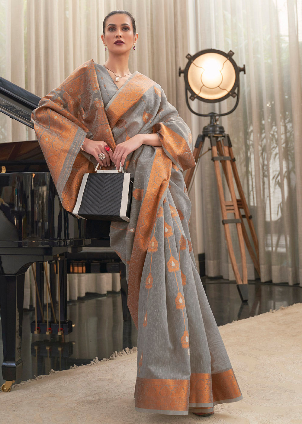 Buy MySilkLove Sand Dune Grey Zari Woven Linen Saree Online