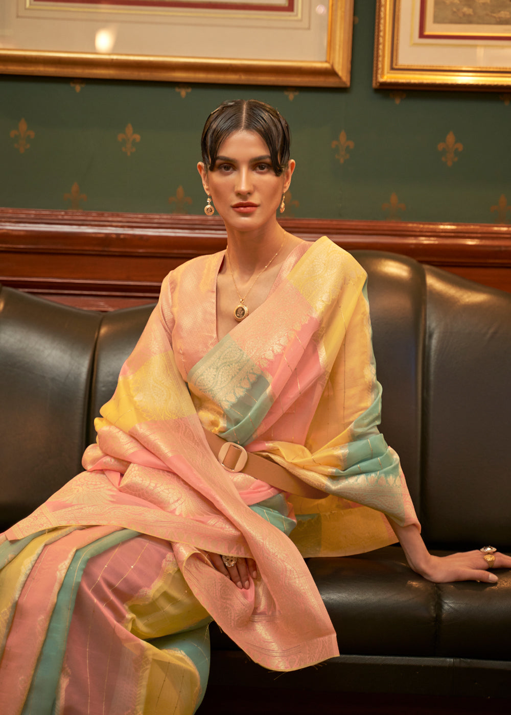 Buy MySilkLove Saffron Mango Yellow and Peach Zari Woven Banarasi Organza Saree Online