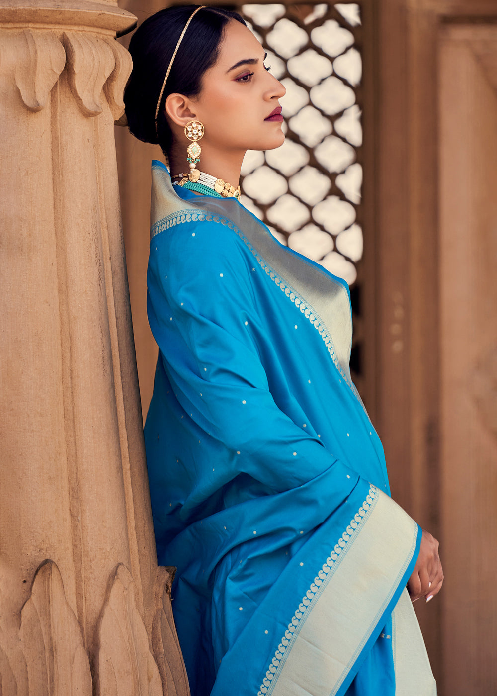 MySilkLove Cerulean Blue Woven Banarasi Satin Silk Saree