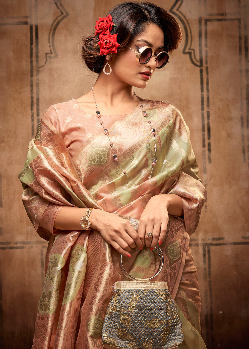 Buy MySilkLove Barley Green and Peach Zari Woven Banarasi Organza Saree Online