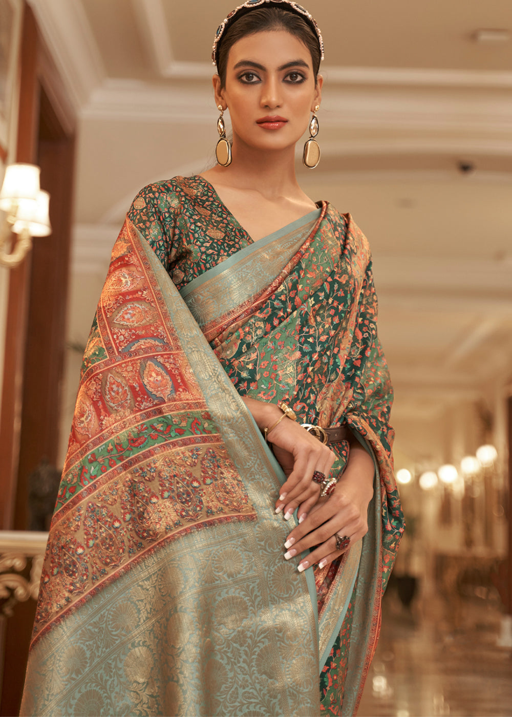 MySilkLove Tallow Green Banarasi Digital Kanni Printed Silk Saree