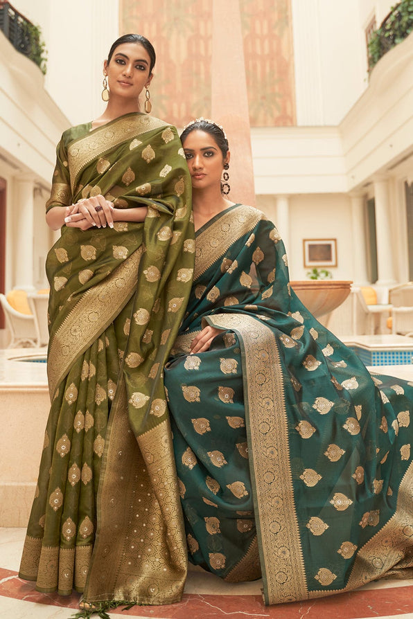 Buy MySilkLove Mineral Green Zari Woven Organza Silk Saree Online