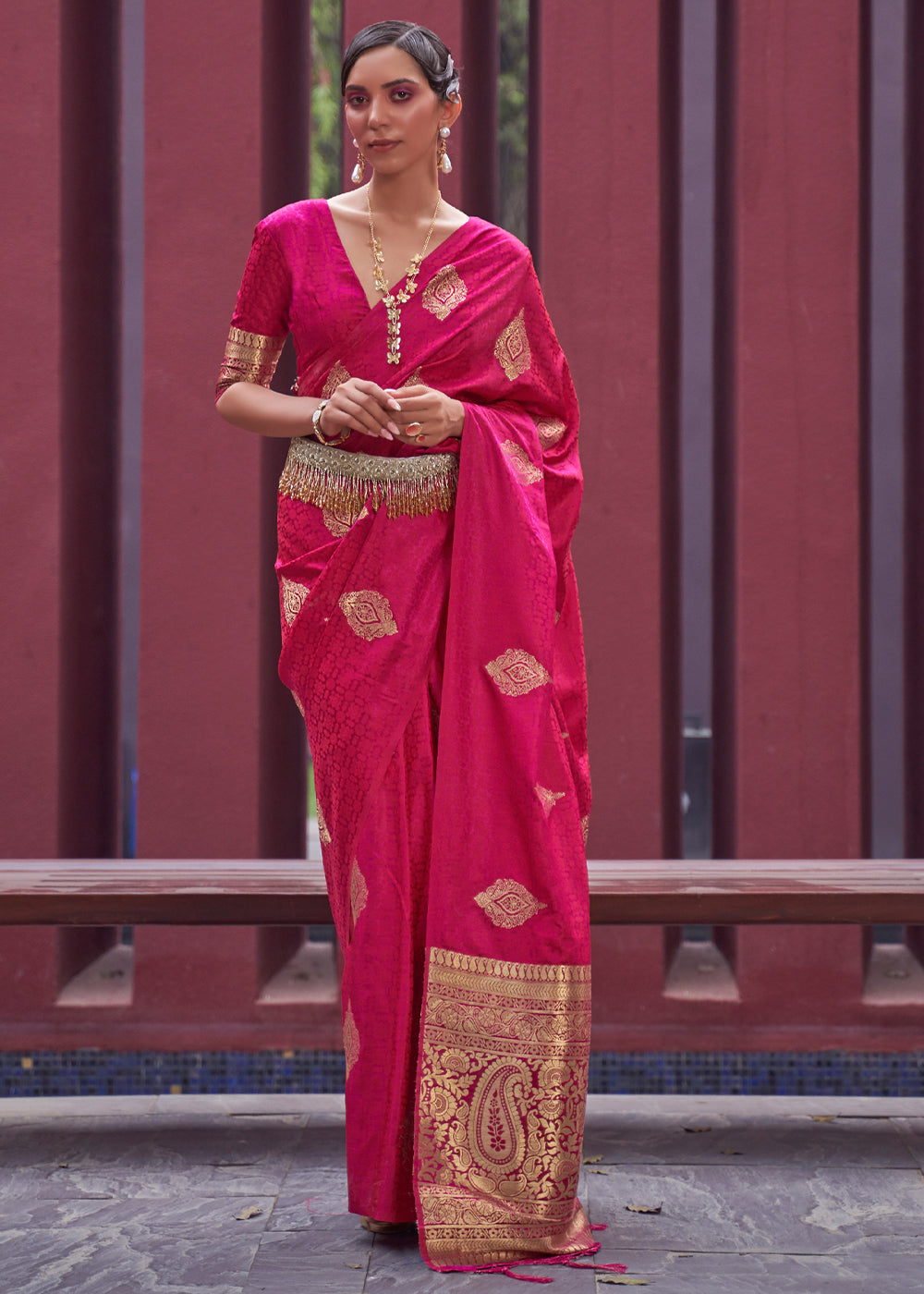 Buy MySilkLove Maroon Flush Pink Banarasi Woven Satin Silk Saree Online