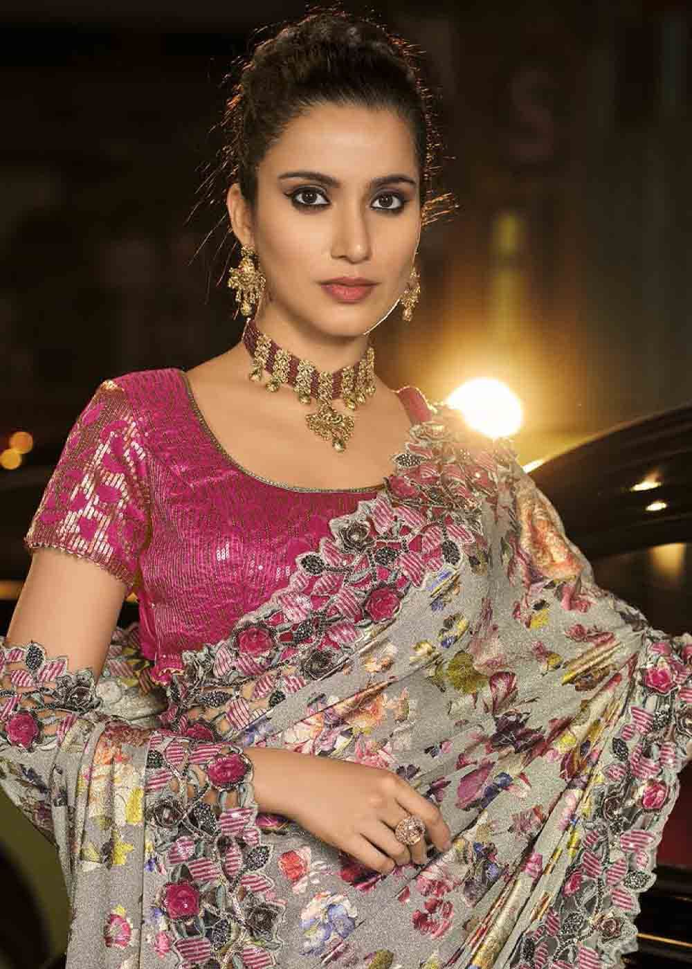 Buy MySilkLove Thistle Silver and Pink Heavy Work Designer Net Saree Online