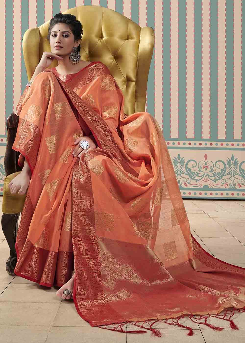 Buy MySilkLove Raw Orange Zari Woven Linen Saree Online