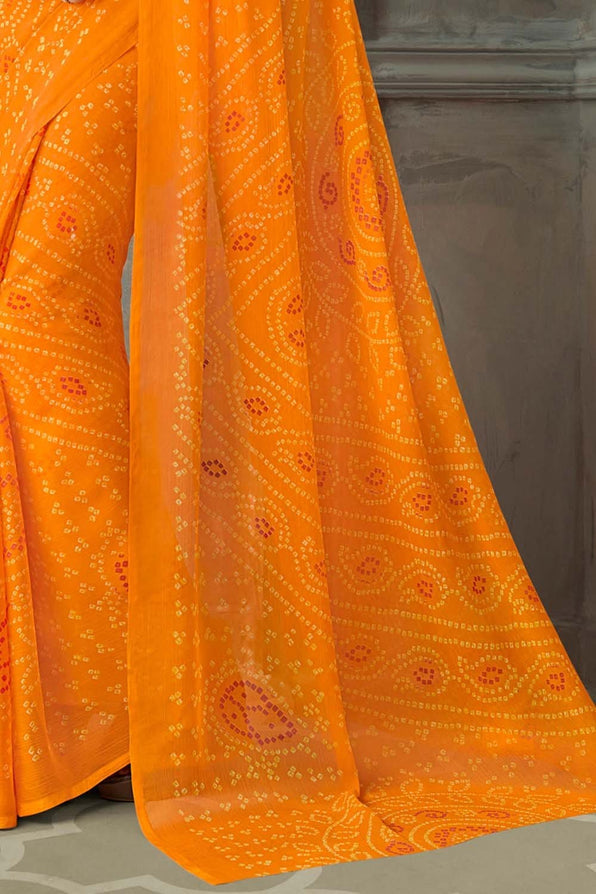 Buy MySilkLove Salomie Orange Chiffon Bandhani Printed Saree Online