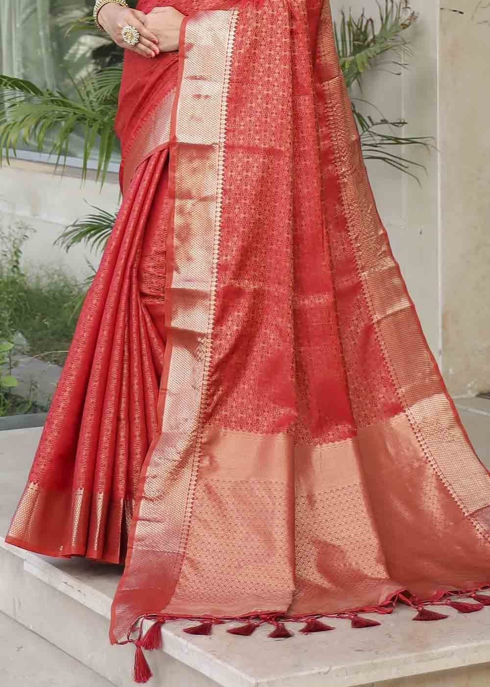 Buy MySilkLove Mojo Red Zari Woven Banarasi Soft Silk Saree Online