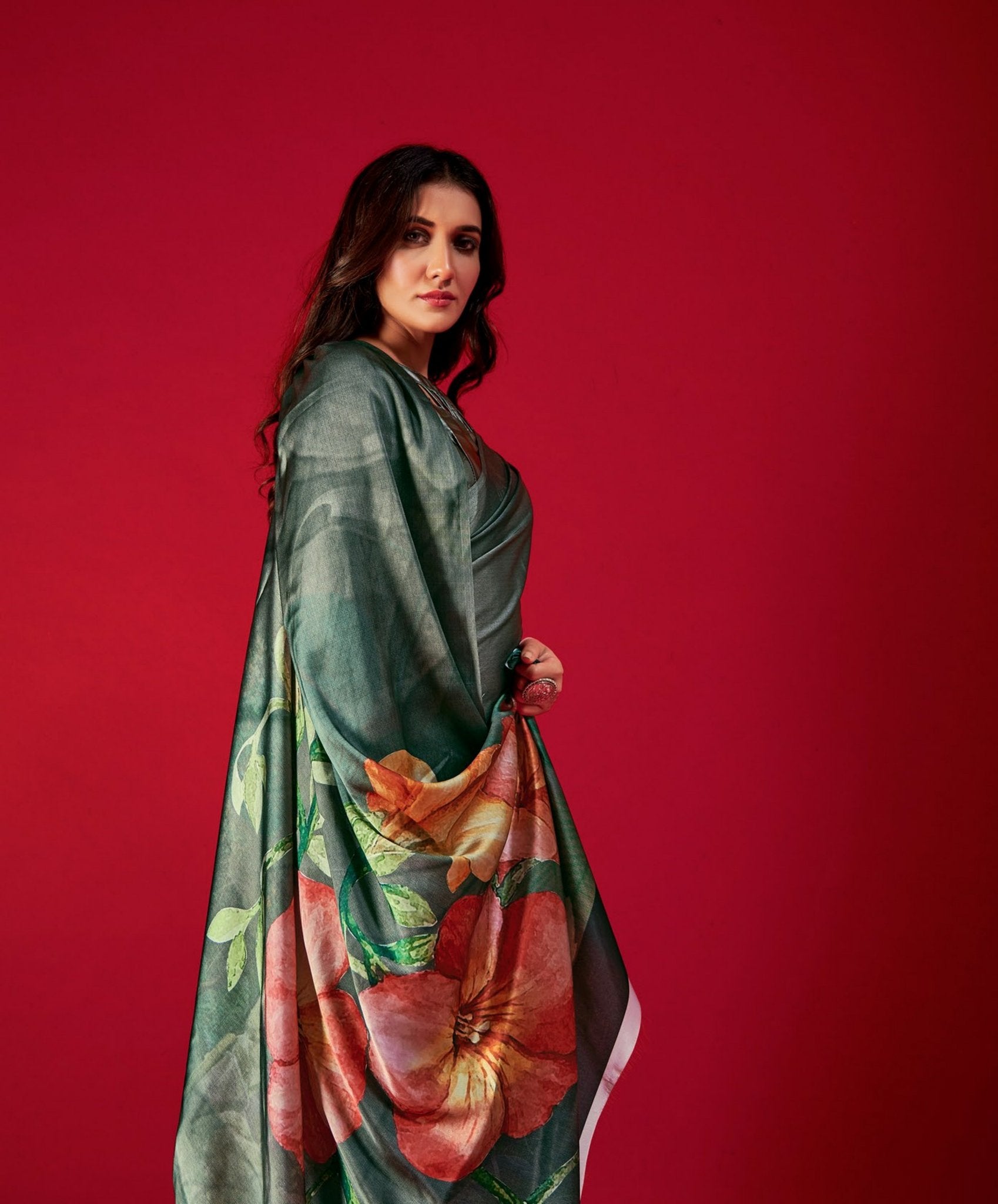 Buy MySilkLove Asparagus Dark Green Satin Silk Saree Online