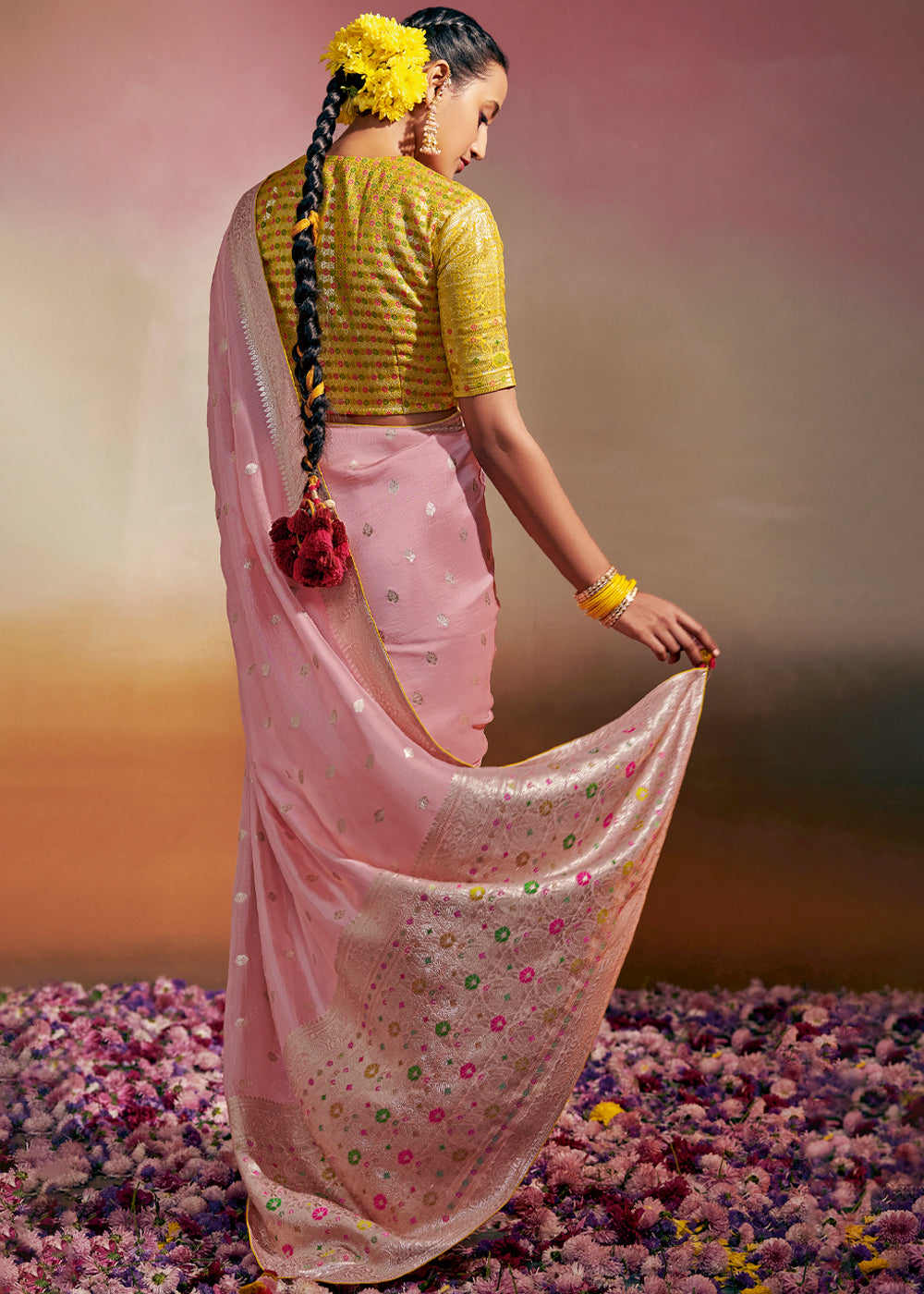 Buy MySilkLove Azalea Pink and Yellow Woven Banarasi Soft Silk Saree Online