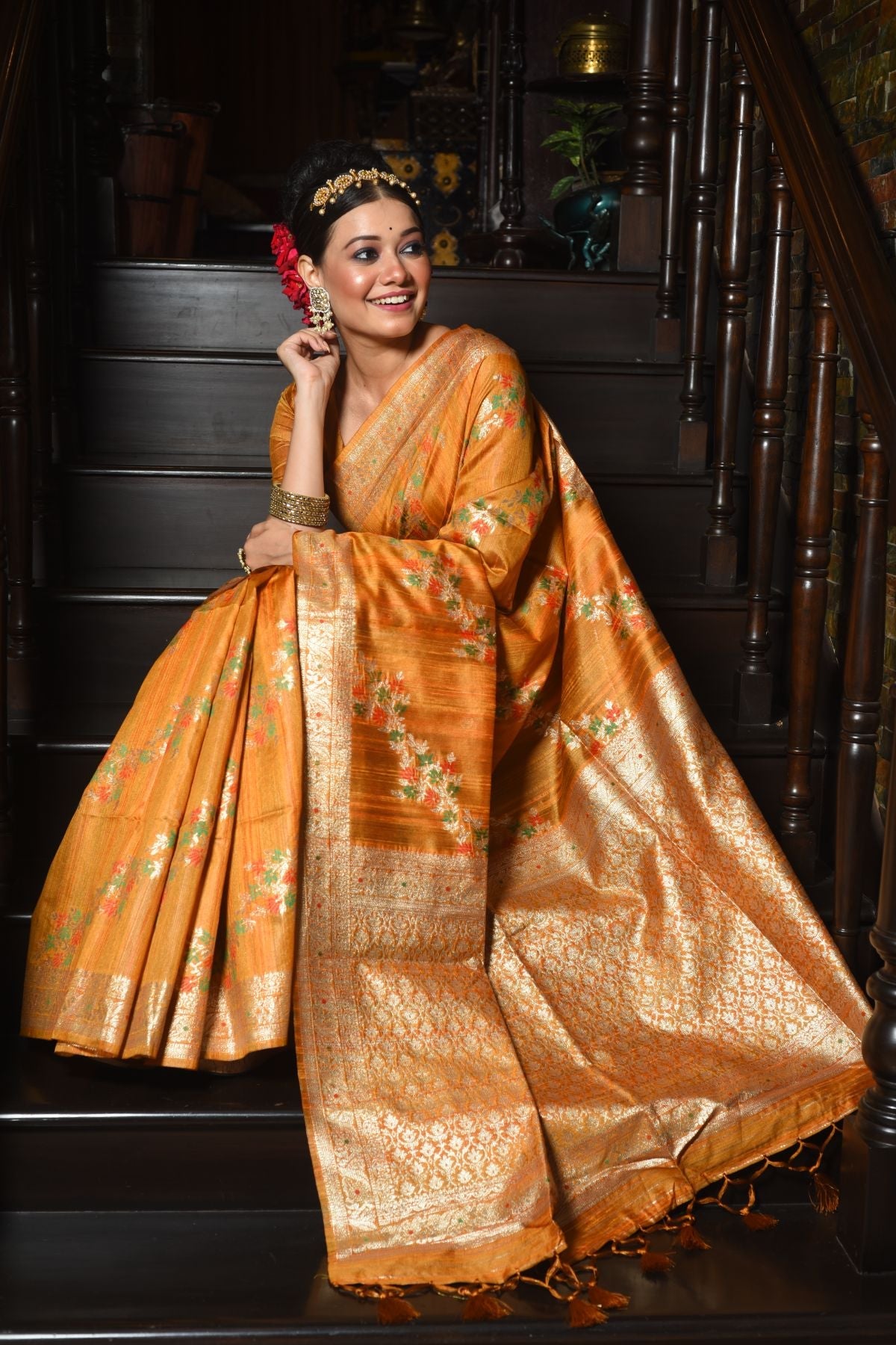 Buy MySilkLove Texas Rose Orange Woven Tussar Silk Saree Online