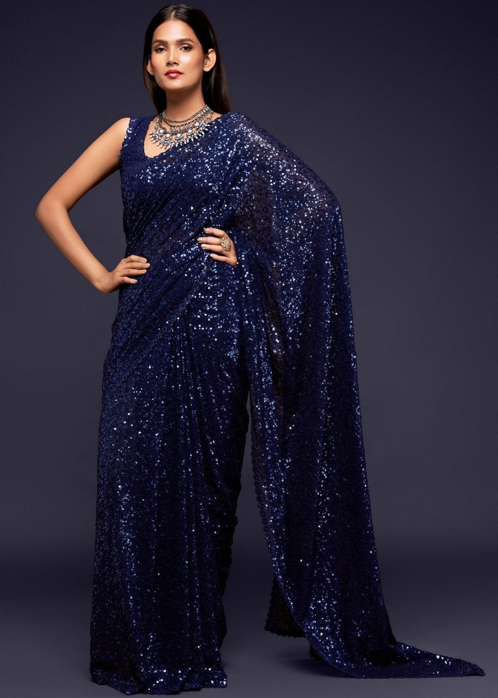 Buy MySilkLove Mirage Dark Blue Georgette Partywear Saree Online