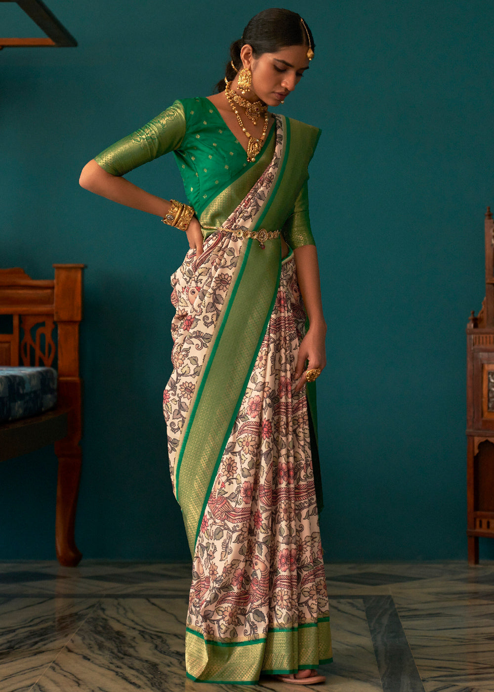 Buy MySilkLove Hippie Green and White Woven Banarasi Tussar Silk Kalamkari Saree Online