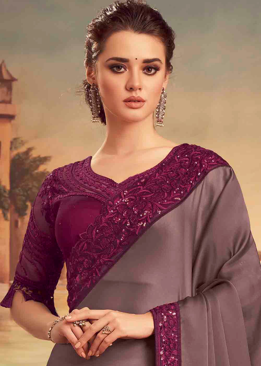 MySilkLove Ferra Grey Purple Embroidered Satin Silk Designer Saree