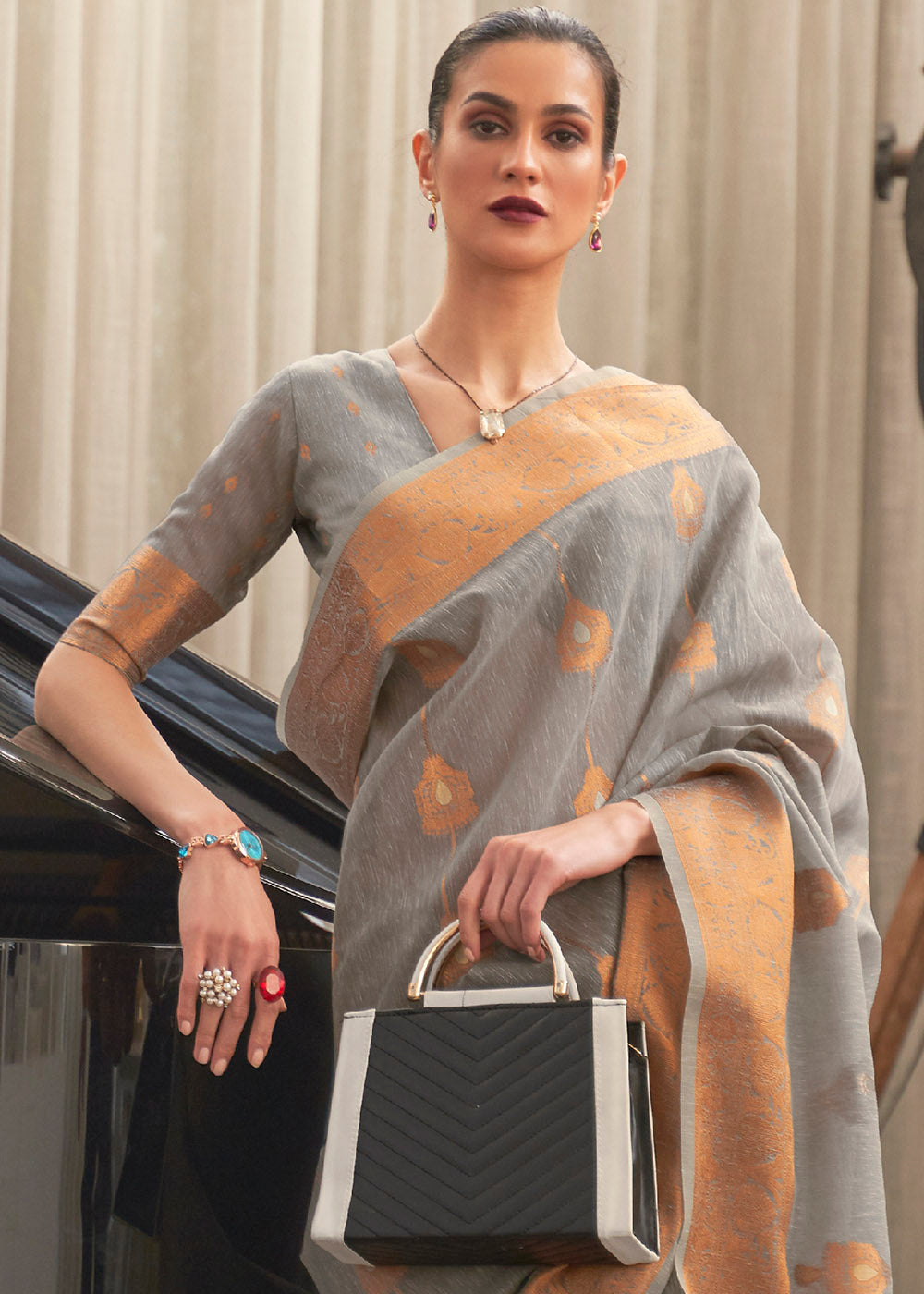 Buy MySilkLove Sand Dune Grey Zari Woven Linen Saree Online