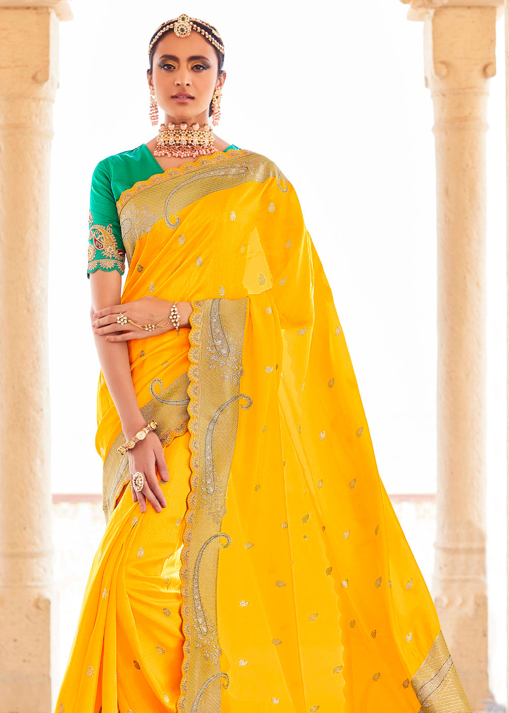 Buy MySilkLove Paris Yellow and Green Zari Woven Designer Banarasi Saree Online