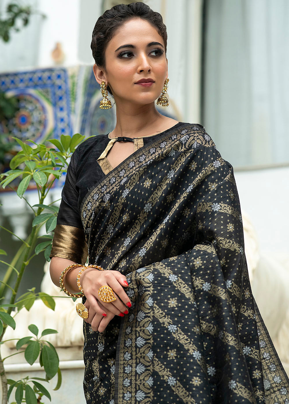 Buy MySilkLove Metal Black Zari Woven Tussar Silk Saree Online