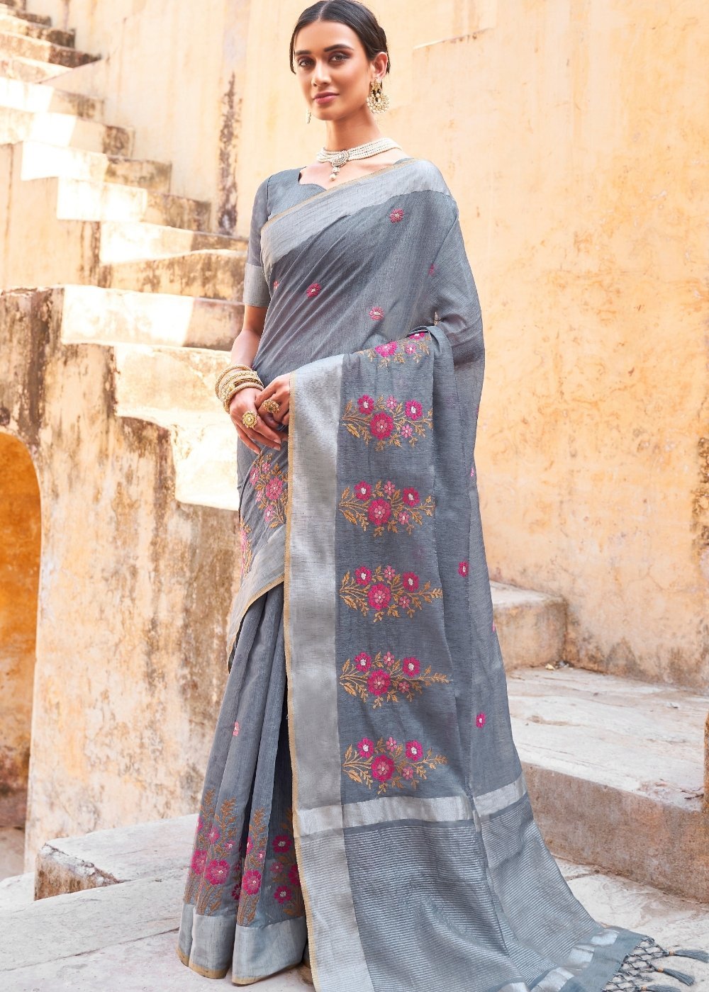 Buy MySilkLove Pale Sky Grey Linen Saree Online