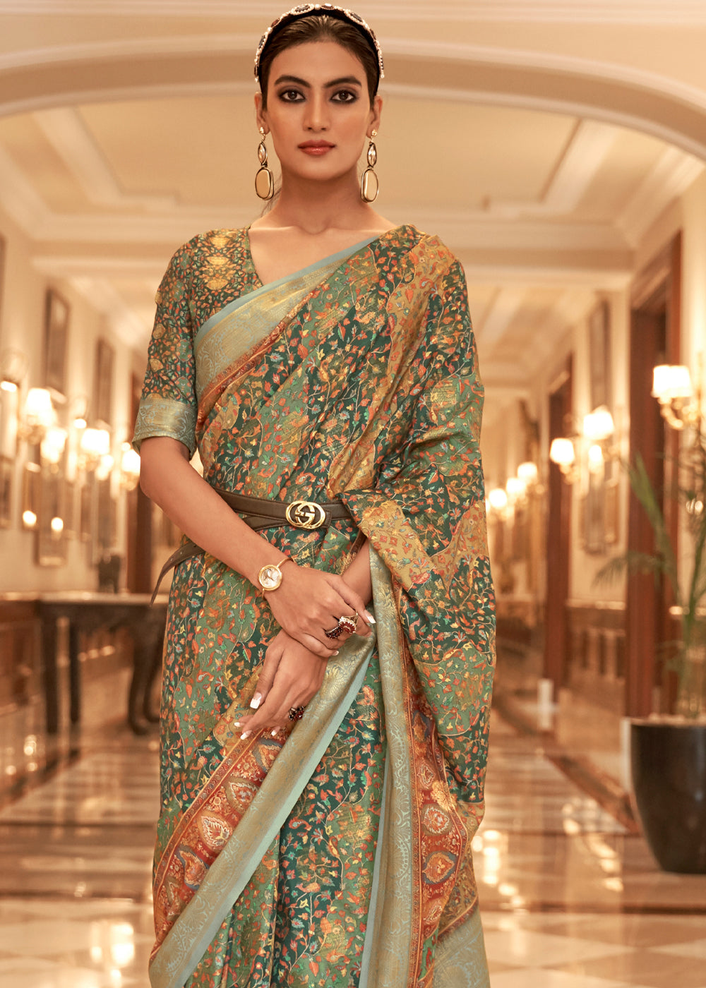 Buy MySilkLove Tallow Green Banarasi Digital Kanni Printed Silk Saree Online