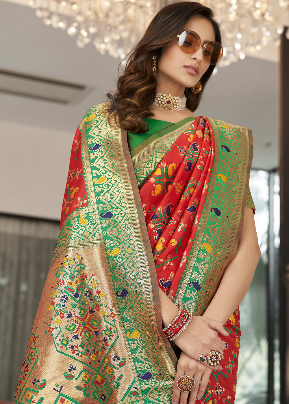 MySilkLove Jasper Red and Green Zari Woven Banarasi Patola Saree