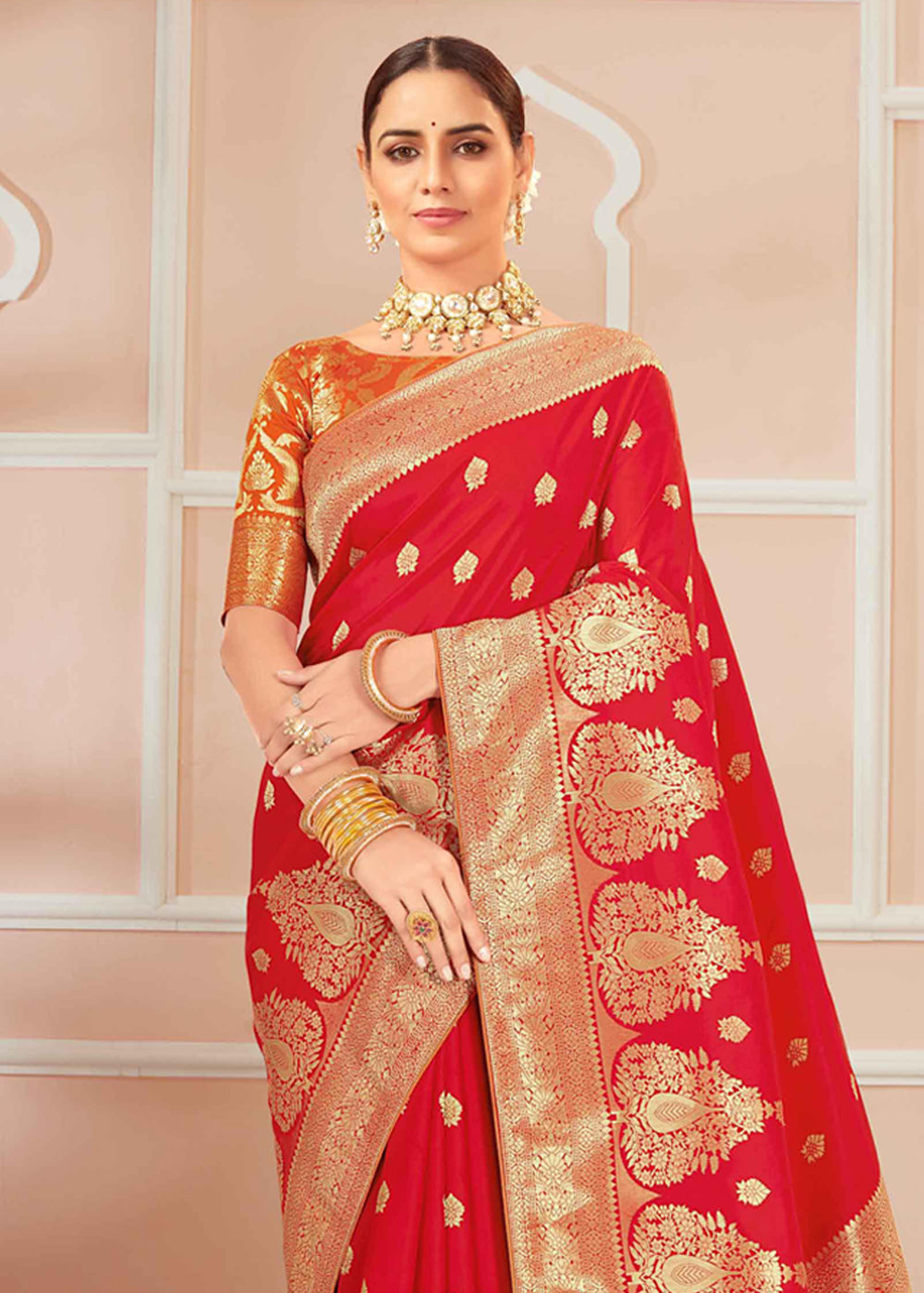 Buy MySilkLove Flower Red Zari Woven Banarasi Silk Saree Online