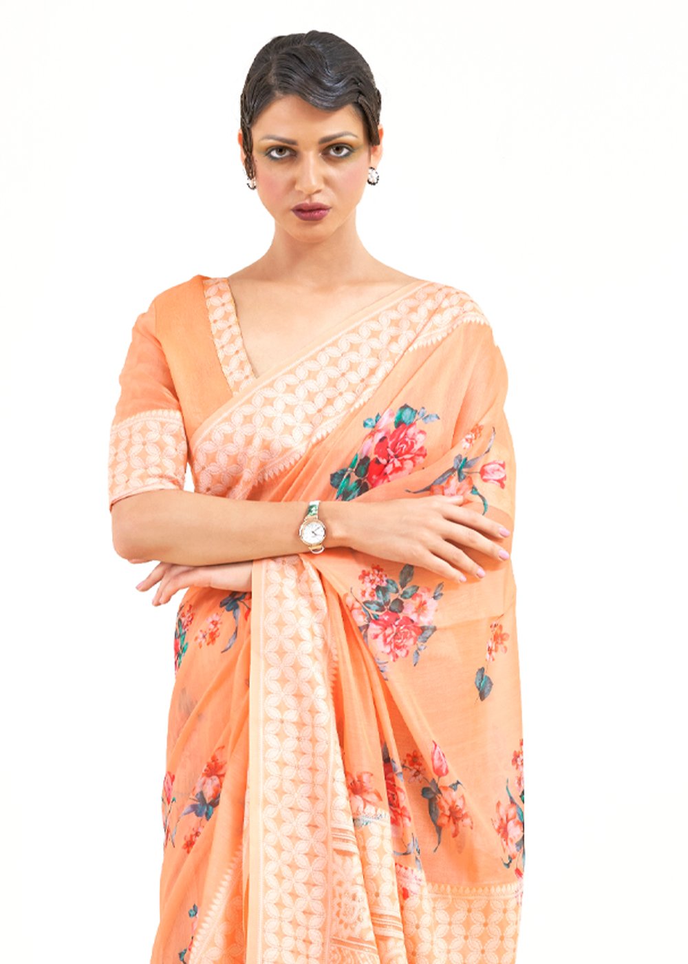 Buy MySilkLove Flesh Light Orange Zari Woven Digital Printed Linen Saree Online