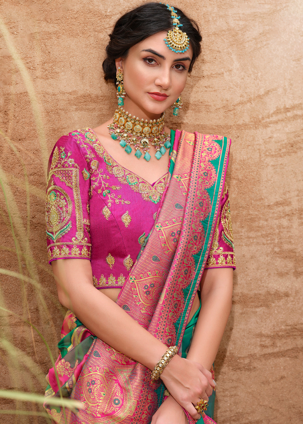 Buy MySilkLove Mandy Pink and Green Woven Designer Banarasi Silk Saree Online