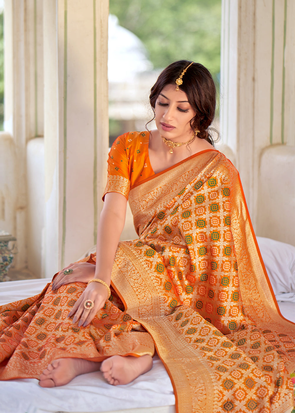 MySilkLove Damask Orange Zari Woven Banarasi Brocade Saree